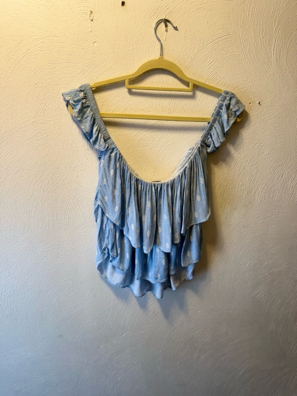 MISA Los Angeles Blue White Ruffle Boho Crop Top XS Flowy Festival Cottagecore - Picture 4 of 6